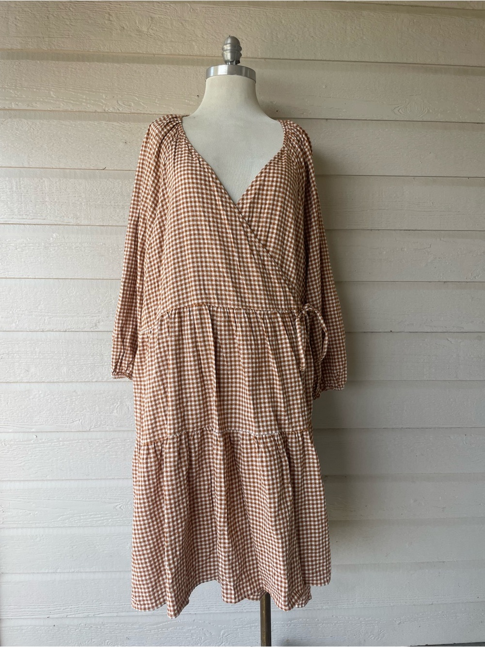 Madewell Women’s Plus 4X Brown White Gingham Wrap V-Neck Tiered Knee Dress